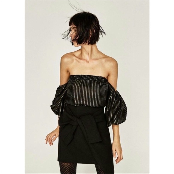 Zara | Gold Striped Puff Sleeve Off Shoulder Top - Picture 1 of 6